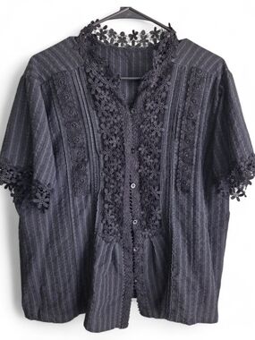 Women’s Black Lace-Trim Button Front Blouse